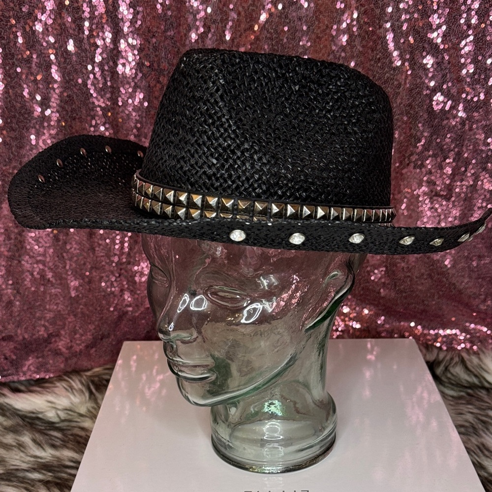 Mens woven black studded with rhinestone rim cowboy hat